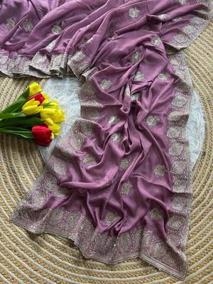 Lavender Color  embroidery and jarkhan work  satin silk saree   1