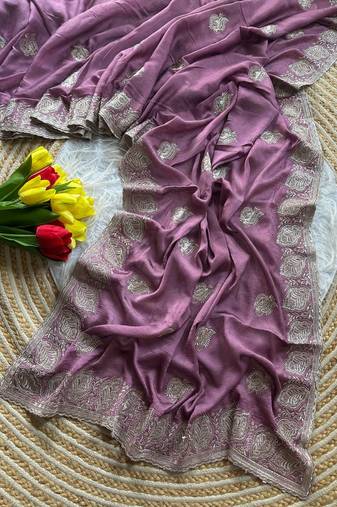 Lavender Color  embroidery and jarkhan work  satin silk saree  