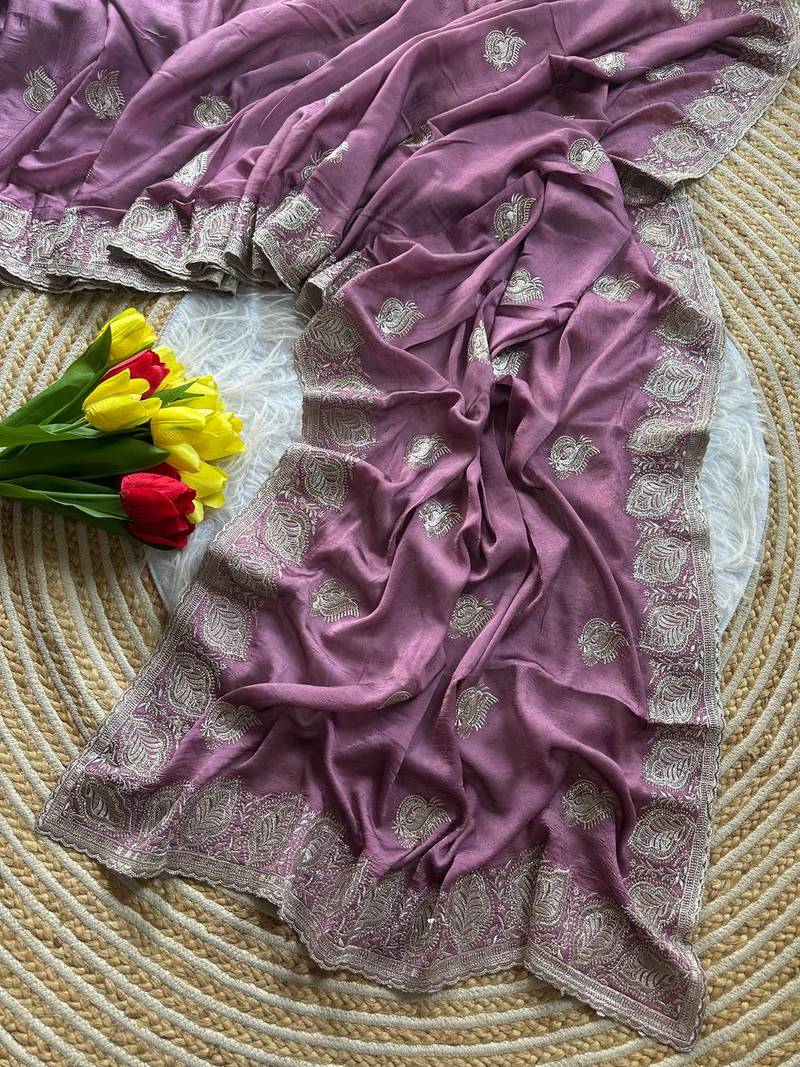 Lavender Color  embroidery and jarkhan work  satin silk saree  