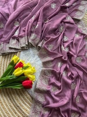 Lavender Color  embroidery and jarkhan work  satin silk saree   2