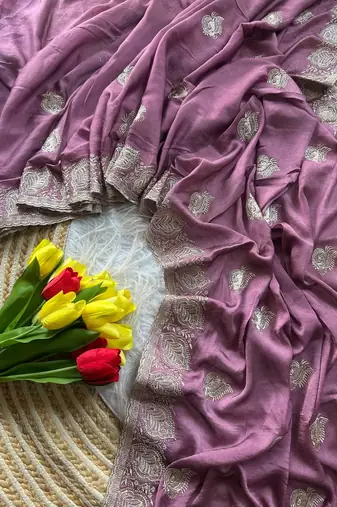 Lavender Color  embroidery and jarkhan work  satin silk saree  