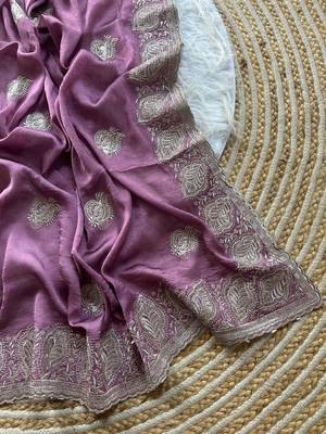 Lavender Color  embroidery and jarkhan work  satin silk saree   3