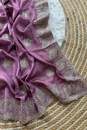 Lavender Color  embroidery and jarkhan work  satin silk saree  