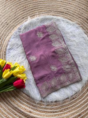 Lavender Color  embroidery and jarkhan work  satin silk saree   4