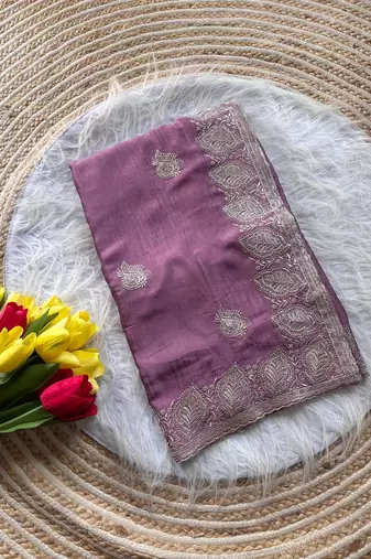 Lavender Color  embroidery and jarkhan work  satin silk saree  