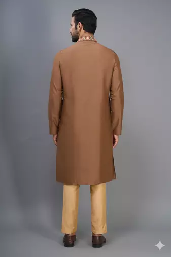 chiku color embroidered silk men’s kurta pant set