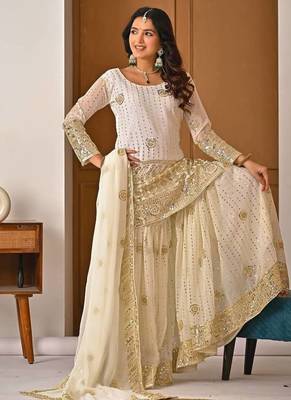 Cream georgette  party wear embroidery sharara  suit set 5