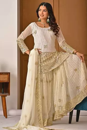 Cream georgette  party wear embroidery sharara  suit set