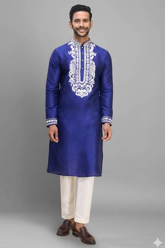 royal blue silk embroidered kurta pajama set