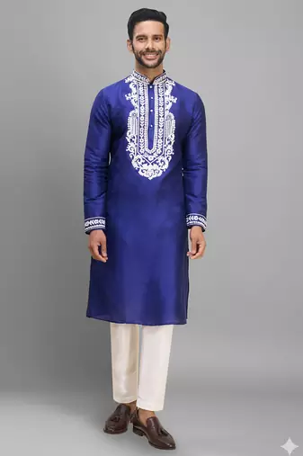 royal blue silk embroidered kurta pajama set