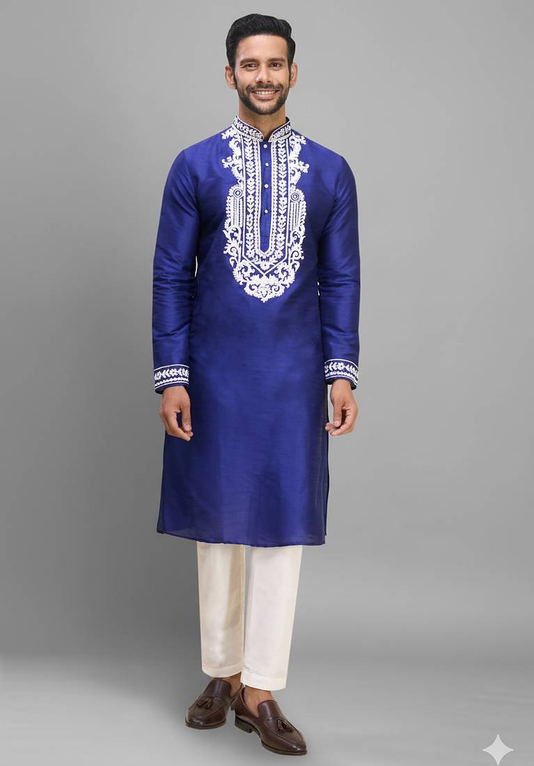 royal blue silk embroidered kurta pajama set