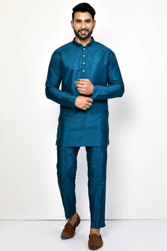 Elegant teal blue raw silk short kurta with pants