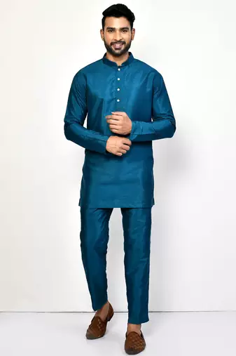 Elegant teal blue raw silk short kurta with pants