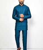 Elegant teal blue raw silk short kurta with pants