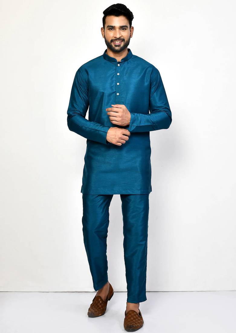 Elegant teal blue raw silk short kurta with pants