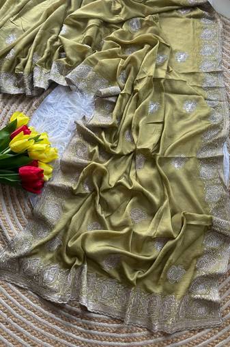 Light Green Color  embroidery and jarkhan work  satin silk saree  