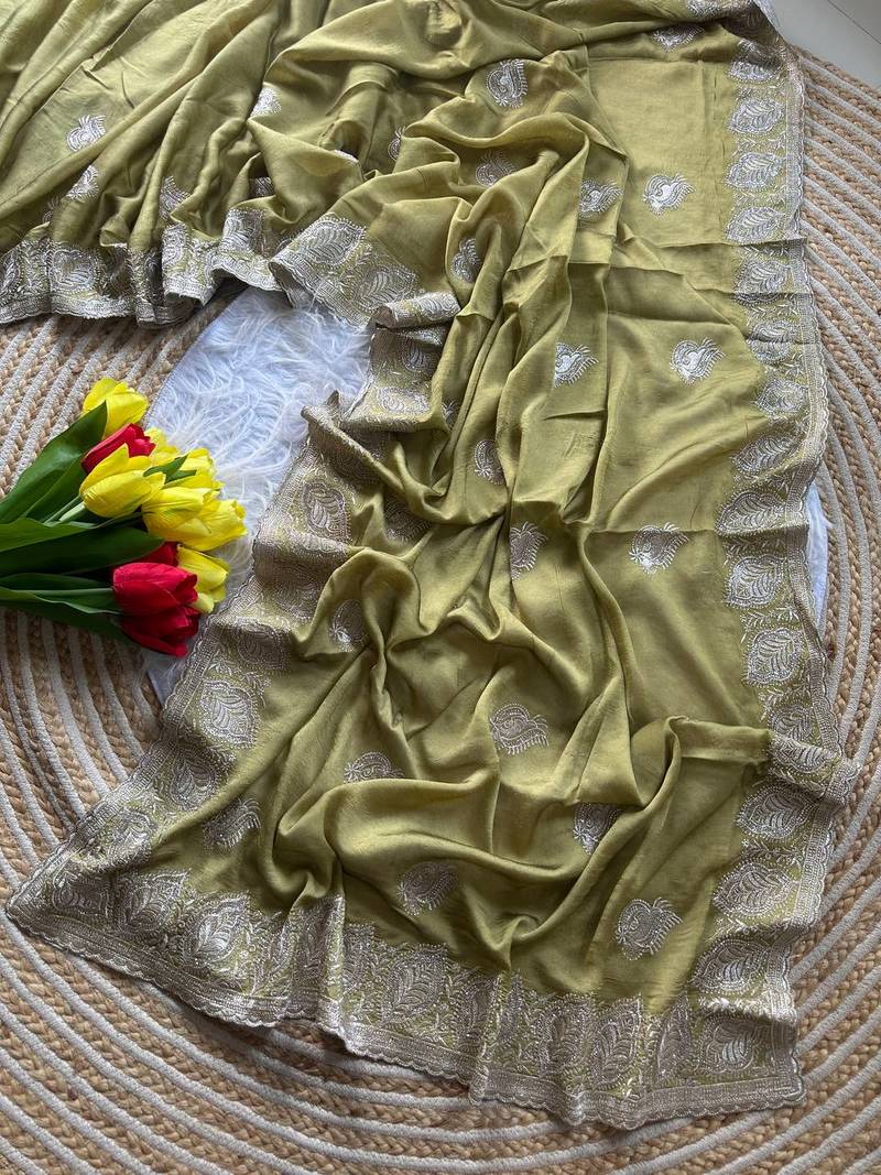 Light Green Color  embroidery and jarkhan work  satin silk saree  