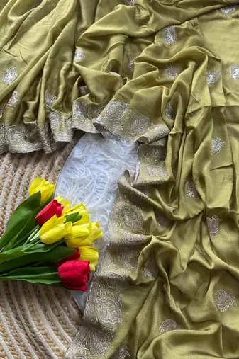 Light Green Color  embroidery and jarkhan work  satin silk saree  