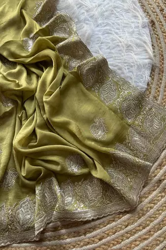 Light Green Color  embroidery and jarkhan work  satin silk saree  