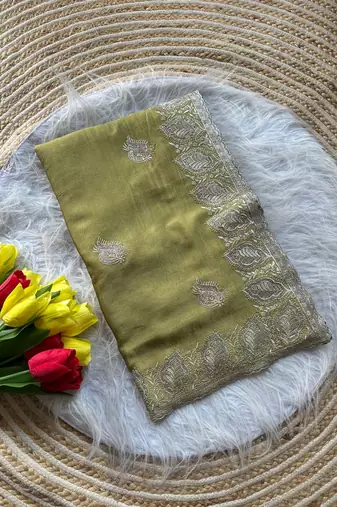Light Green Color  embroidery and jarkhan work  satin silk saree  