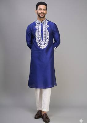 royal blue silk embroidered kurta pajama set 4