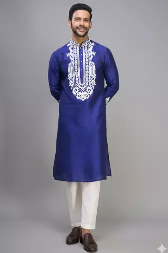 royal blue silk embroidered kurta pajama set