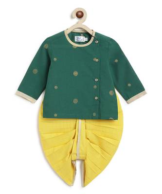 kids green jacquard cotton kurta dhoti set 2