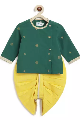 Green jacquard cotton kurta dhoti set