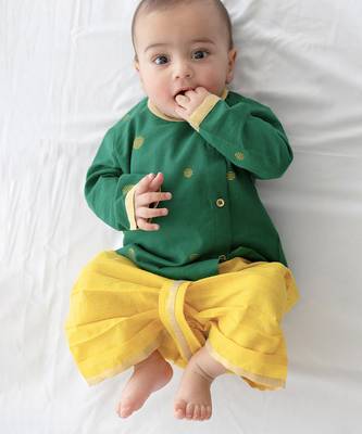 kids green jacquard cotton kurta dhoti set 1