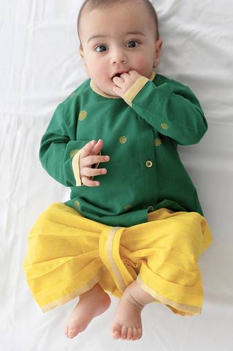 kids green jacquard cotton kurta dhoti set