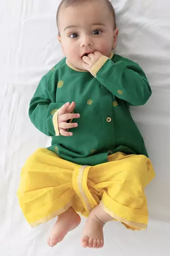 kids green jacquard cotton kurta dhoti set