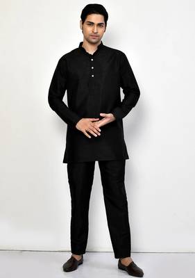 Elegant black raw silk short kurta with pants 1