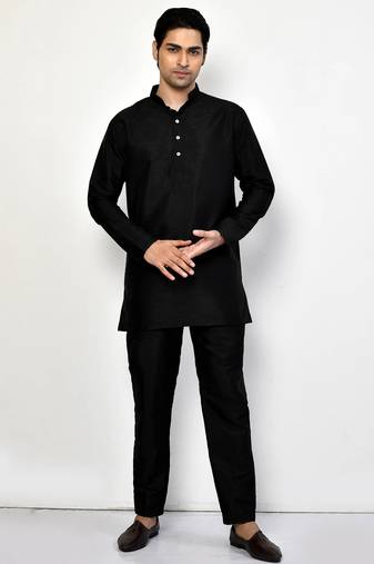 Elegant black raw silk short kurta with pants