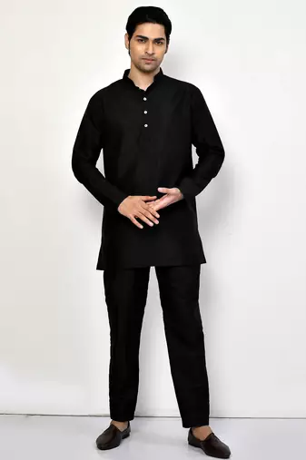 Elegant black raw silk short kurta with pants