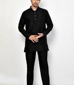 Elegant black raw silk short kurta with pants
