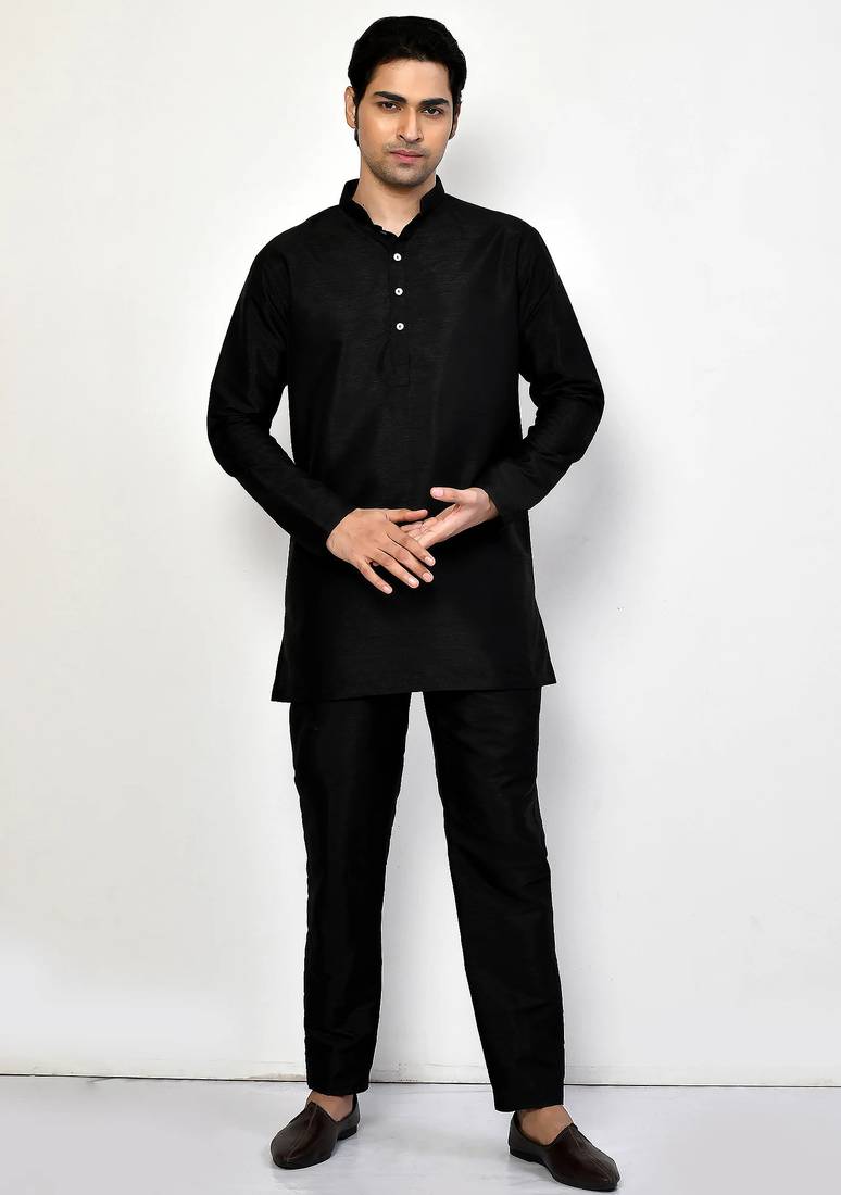 Elegant black raw silk short kurta with pants