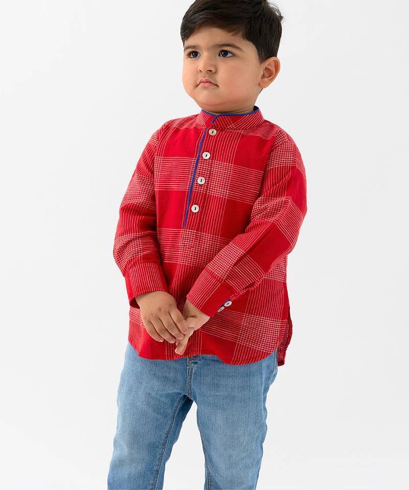Red checks cotton kurta