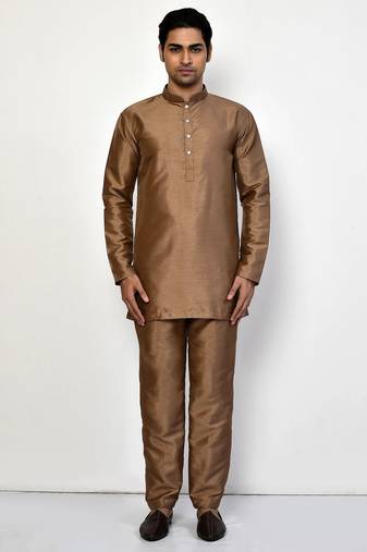 Elegant copper brown raw silk short kurta with pants