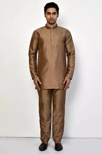 Elegant copper brown raw silk short kurta with pants