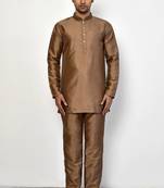 Elegant copper brown raw silk short kurta with pants