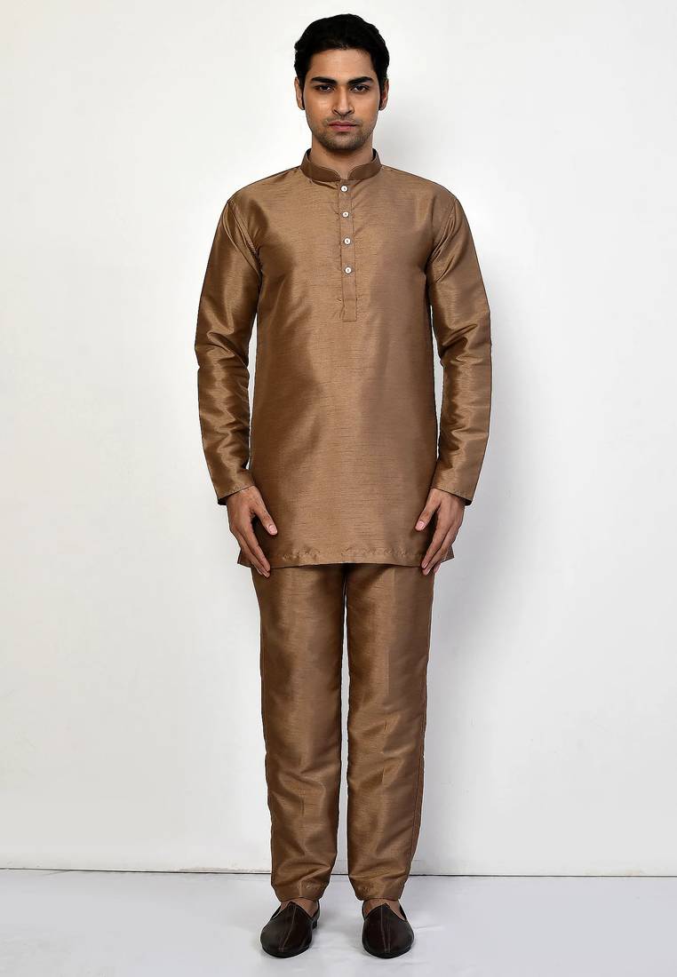 Elegant copper brown raw silk short kurta with pants