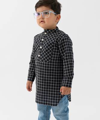 kids black checks cotton kurta 1