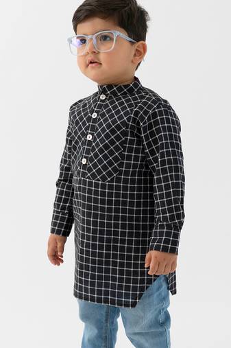 kids black checks cotton kurta