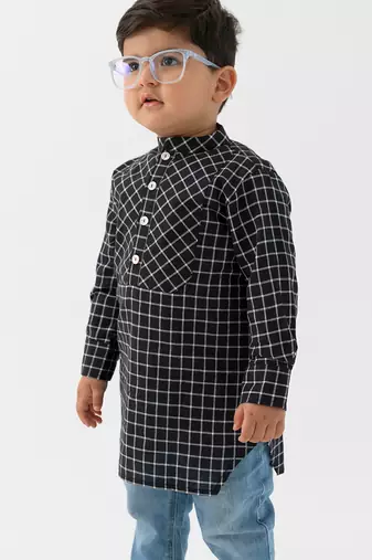 kids black checks cotton kurta