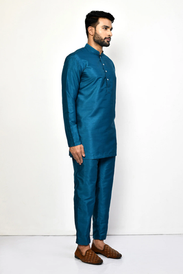 Elegant teal blue raw silk short kurta with pants 2