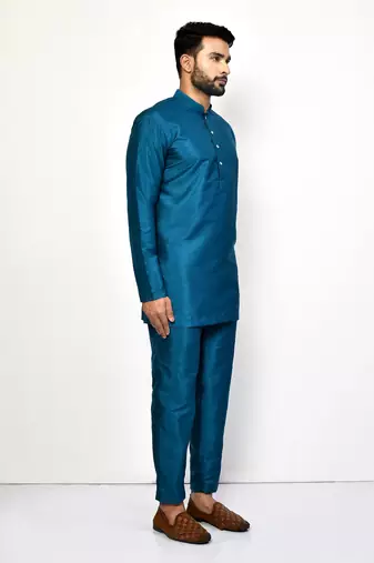 Elegant teal blue raw silk short kurta with pants