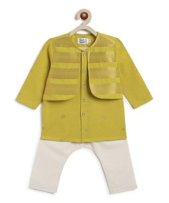 kids green jacquard cotton kurta set 2