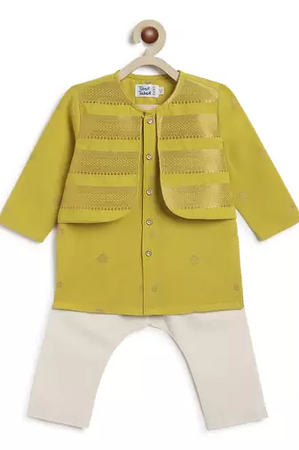 Green jacquard cotton kurta set