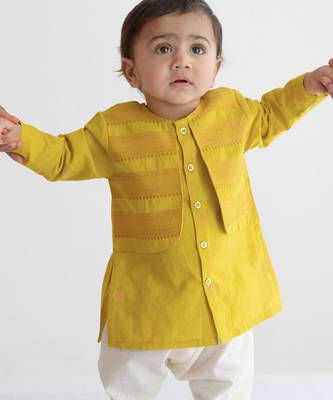 kids green jacquard cotton kurta set 1