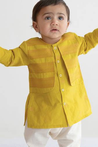 kids green jacquard cotton kurta set